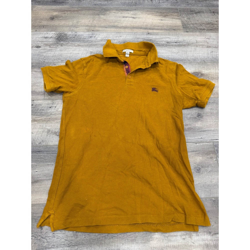 Burberry Brit Mens Mustard Yellow Cotton Pique Polo Shirt Purple Logo Small